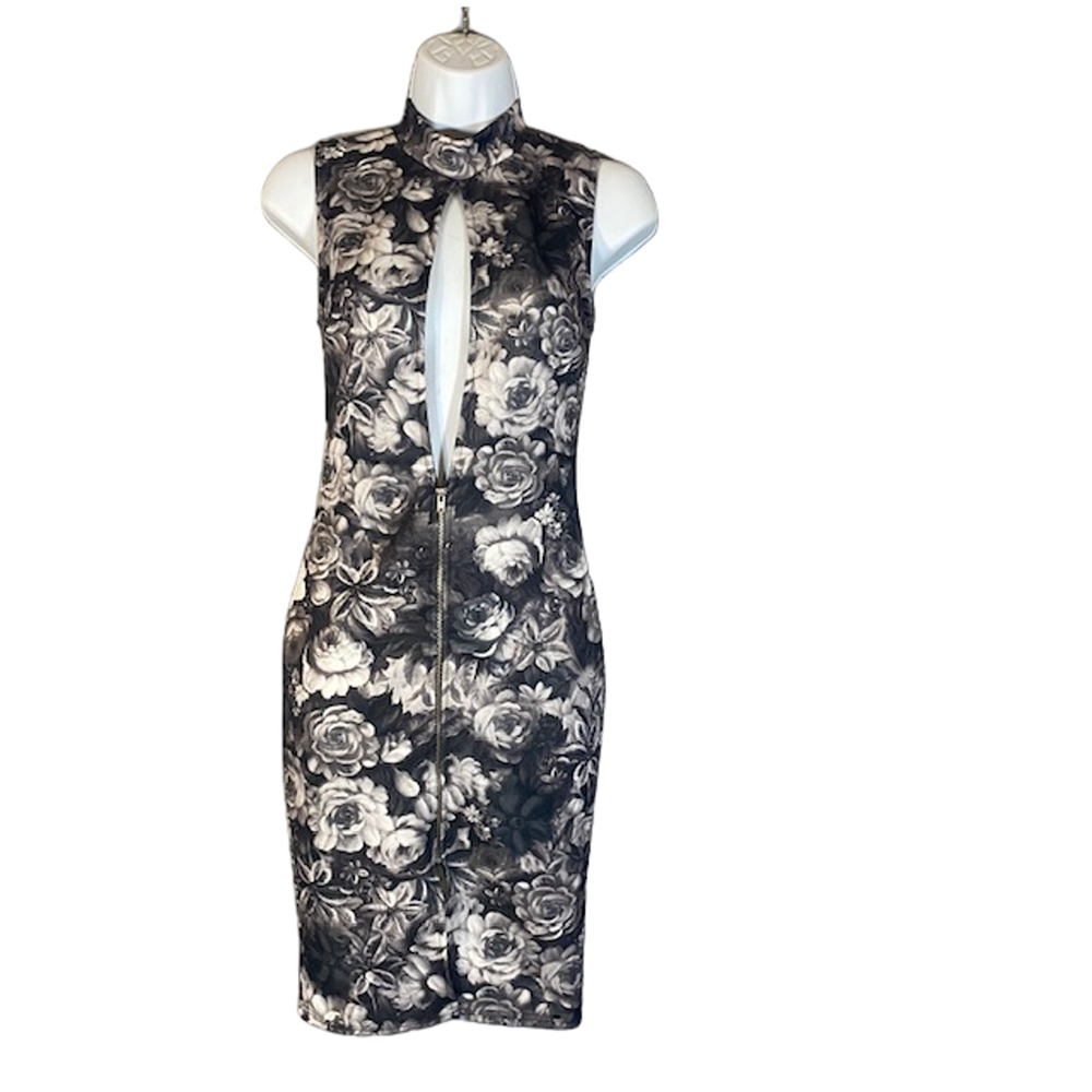 Blues Black White Floral Zip Front Mock Neck Sleeveless Bodycon Dress Women Sz S